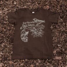 Brown men's t-shirt with bird and bat design on top of mulch