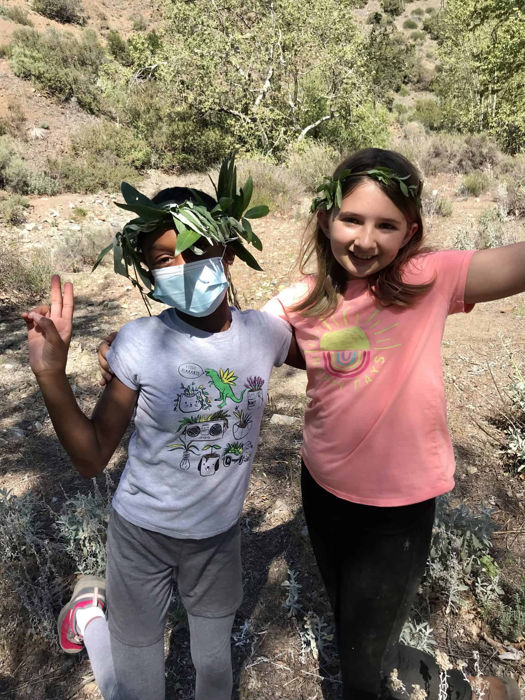 Homeschool Enrichment in Nature students with natural leaf crowns